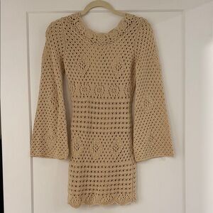 Lush Tan Crochet Long Sleeve Dress